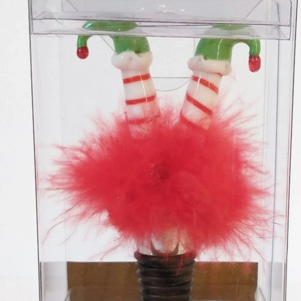 Pier 1 Imports Holiday Tipsy Upside-Down Elf Bottle Stopper Feather Skirt NIB